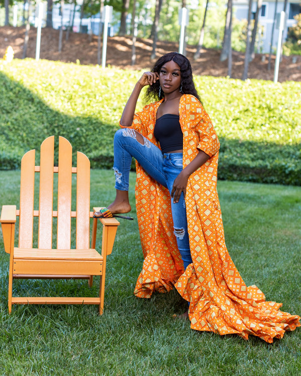 Orange ruffled oversized kimono